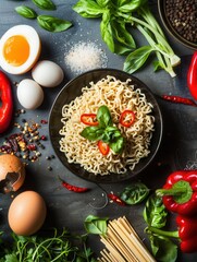 Aufkleber - A bowl of cooked instant noodles sits on a dark countertop, surrounded by fresh ingredients including eggs, herbs, peppers, and spices. Generative AI