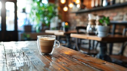 Wall Mural - Transparent glass coffee cup on wooden table in cafe