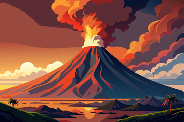 Poster - illustration of Volcanic eruption in flat vector 