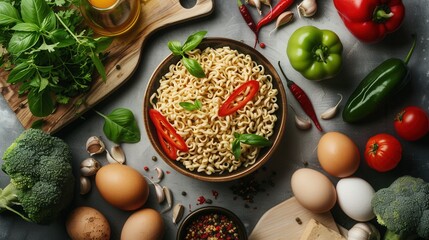 Aufkleber - A bowl of instant noodles topped with fresh herbs and red pepper sits on a countertop surrounded by various ingredients including fresh vegetables, eggs, and spices. Generative AI