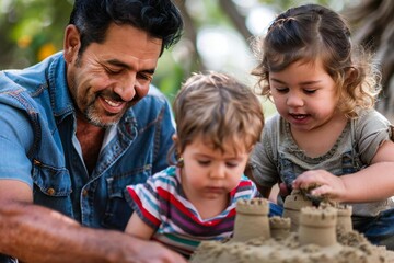 Full body photo of Hispanic male father and mature Caucasian female mother teaching their children how to build a sandcastle at the beach.