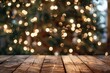 © Anna - Christmas-themed background with a wooden table in the foreground, featuring twinkling holiday lights