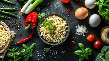 Poster - A bowl of instant noodles sits on a black kitchen table, surrounded by fresh herbs, vegetables, peppers, eggs, and other ingredients. Generative AI