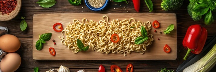 Poster - A wooden cutting board with cooked noodles surrounded by fresh basil, peppers, and eggs on a kitchen table. Generative AI