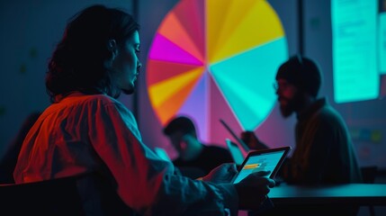 Wall Mural - A woman in a red shirt uses a tablet in a dimly lit room, focused on a large projected pie chart with vibrant colors, while others in the background also work on their tablets