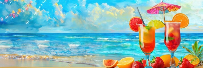 Aufkleber - Two colorful cocktails with fruit garnishes and umbrellas sit on a table overlooking the beach and ocean. Generative AI