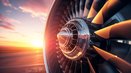  close up of a vintage turbofan turbine that is isolated; engine blades seen from a frontal angle, during sunset