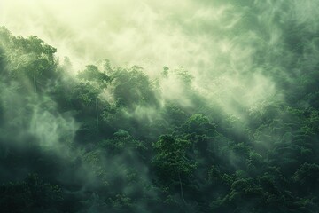 Wall Mural - Green jungle with white fog