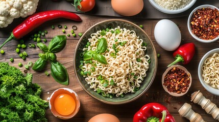 Aufkleber - A bowl of instant noodles topped with fresh herbs and vegetables sits on a wooden kitchen table surrounded by various ingredients, including eggs, peppers, and spices. Generative AI