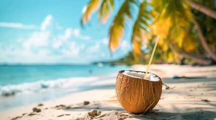 Wall Mural - A half coconut with a straw sits on a pristine white sand beach, with a clear blue ocean and palm trees in the background