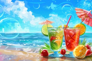 Aufkleber - Two colorful cocktails with fruit garnishes sit on a table in front of a beach scene. Generative AI