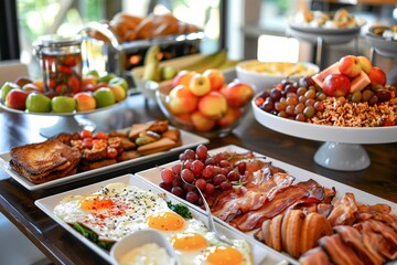 Wall Mural - a brunch spread with a variety of dishes, including eggs, bacon, pastries, and fresh fruit