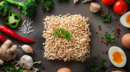 Aufkleber - Instant noodles are surrounded by fresh vegetables, herbs, eggs, and peppers on a kitchen table. Generative AI