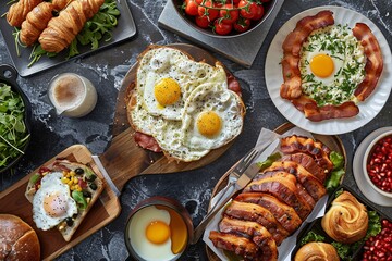 Wall Mural - a brunch spread with a variety of dishes, including eggs, bacon, pastries, and fresh fruit