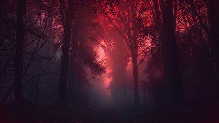 Aufkleber - Scary scene in a dark forest as red fog covers a path among the trees