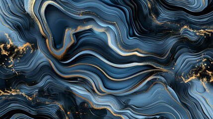 Abstract fluid art painting background with alcohol ink technique creating blue wavy lines and golden glitter