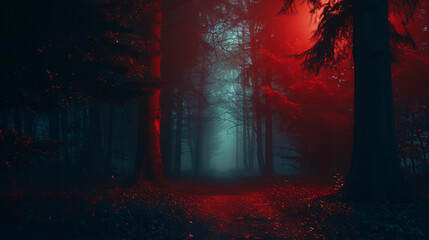 Aufkleber - Red light is illuminating a path in a dark and foggy forest at night