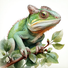 Watercolor Green color chameleon close up, clipart Illustration, Generative Ai