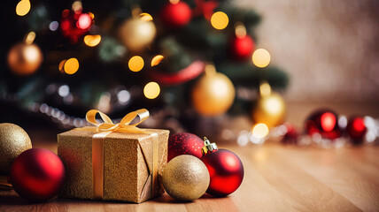 Wall Mural - Merry Christmas and Happy New Year background with copy space. Xmas gifts box and Christmas balls, festive bokeh. Design for poster, holiday banner, flyer or greeting card.