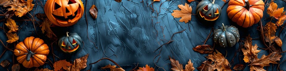 Wall Mural - a group of pumpkins and leaves on a blue background