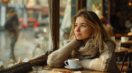 Wall Mural - a woman sitting at a table with a cup of coffee in front of her and looking out the window..