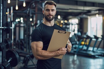 Wall Mural - Portrait of male personal trainer with clipboard in a gym