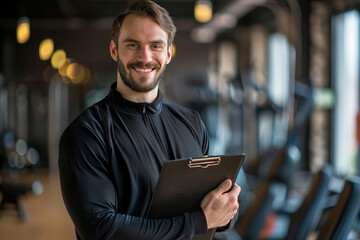 Wall Mural - Portrait of male personal trainer with clipboard in a gym