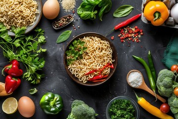 Aufkleber - A bowl of instant noodles sits on a black kitchen table, surrounded by fresh ingredients like herbs, peppers, eggs, and vegetables. Generative AI