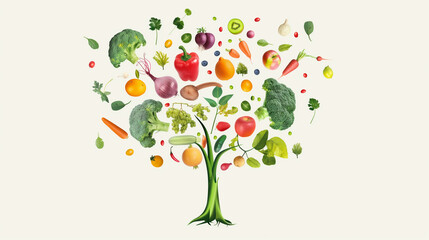 Wall Mural - A vibrant tree made of fruits and vegetables, illustrating the idea of healthy eating and nature's abundance.