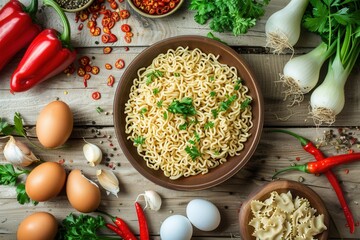 Poster - A bowl of instant noodles sits in the center of a kitchen table surrounded by fresh vegetables, herbs, eggs, and spices. Generative AI