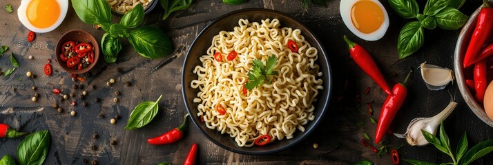 Aufkleber - A bowl of noodles with fresh herbs, vegetables, and spices on a rustic kitchen table. Generative AI