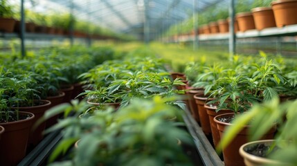 Poster - Cultivating attractive green indoor plants in pots in a greenhouse