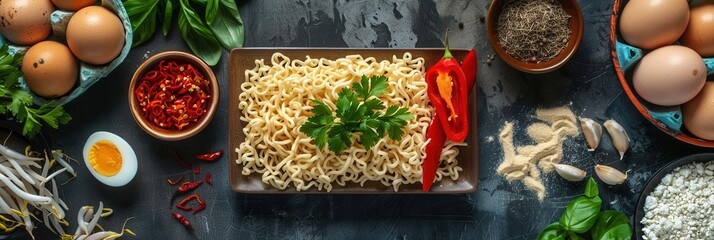 Aufkleber - A bowl of instant noodles is surrounded by fresh ingredients, including herbs, peppers, eggs, and vegetables, on a kitchen table. Generative AI