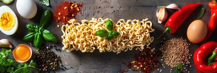 Aufkleber - Instant noodles surrounded by fresh ingredients like herbs, peppers, eggs, and vegetables on a dark kitchen table. Generative AI