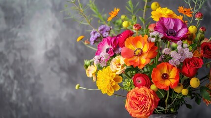 Canvas Print - Vibrant flower arrangement on gray background with space for text Fresh blooms for home decor Bouquet in vase for Women s Day and spring backdrop