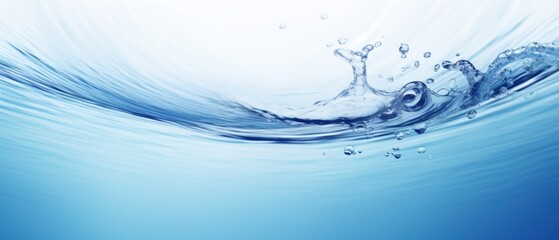 Water surface with air bubbles. Water texture. Water Drops. Water splash with bubbles on blue background. Copy space for text. Water wave and air bubbles in blue water background. Copy space.