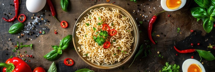 Aufkleber - A bowl of noodles sits in the center of a kitchen table, surrounded by fresh ingredients like herbs, peppers, eggs, and vegetables. Generative AI