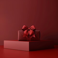 Blank display red corner gift box mockup stand with red ribbon bow isolated on dark red background minimal conceptual 3D rendering, Generative AI