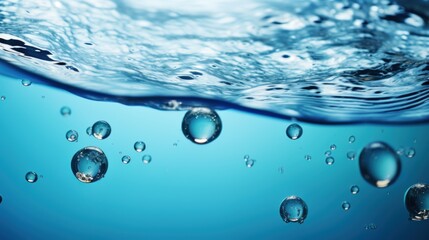 Water surface with air bubbles. Water texture. Water Drops. Water splash with bubbles on blue background. Copy space for text. Water wave and air bubbles in blue water background. Copy space.