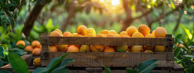 Wall Mural - Ripe Mangoes in a Wooden Crate in an Orchard at Sunset