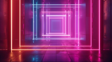 Wall Mural - Long tunnel with glowing purple and orange neon lights in a futuristic setting