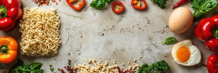 Poster - A kitchen table is spread with instant noodles, peppers, herbs, and eggs. Generative AI