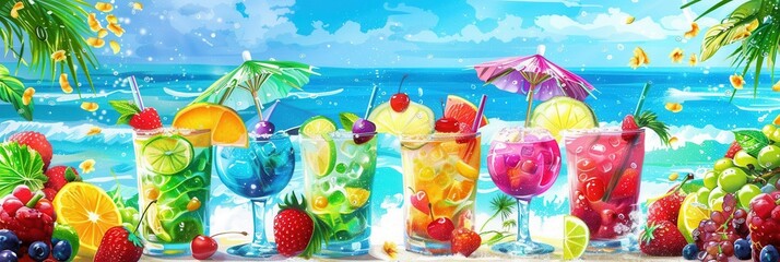 Aufkleber - An assortment of brightly colored cocktails garnished with fruits and umbrellas sit on a beachside table, the ocean and waves visible behind them. Generative AI