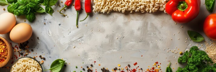 Aufkleber - A kitchen counter displays instant noodles surrounded by fresh ingredients like herbs, peppers, eggs, and vegetables. Generative AI
