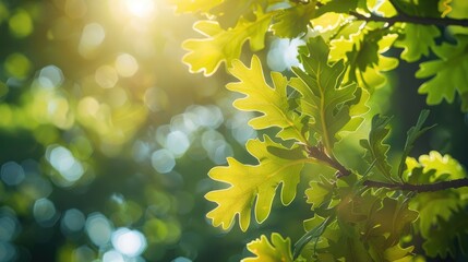 Canvas Print - Close up of fresh green oak leaves with shallow depth of field in a European nature setting Focus on seasons and environmental conservation with panoramic view and graphic elements for backg