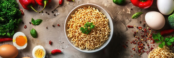 Aufkleber - A bowl of instant noodles sits on a kitchen table, surrounded by a variety of fresh ingredients including herbs, peppers, eggs, and vegetables. Generative AI