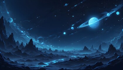 night sky with glowing blue planets, twinkling stars, and floating cosmic elements against a dark bl