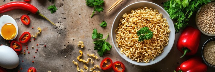 Poster - A bowl of instant noodles is surrounded by fresh herbs, peppers, eggs, and vegetables on a kitchen table. Generative AI