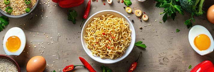 Aufkleber - A bowl of noodles sits in the center of a kitchen table surrounded by fresh ingredients such as peppers, eggs, herbs, and vegetables. Generative AI