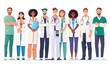 © SKIMP Art - illustration of a group of medical team members, doctors and nurses, standing together isolated on a white background Generative AI